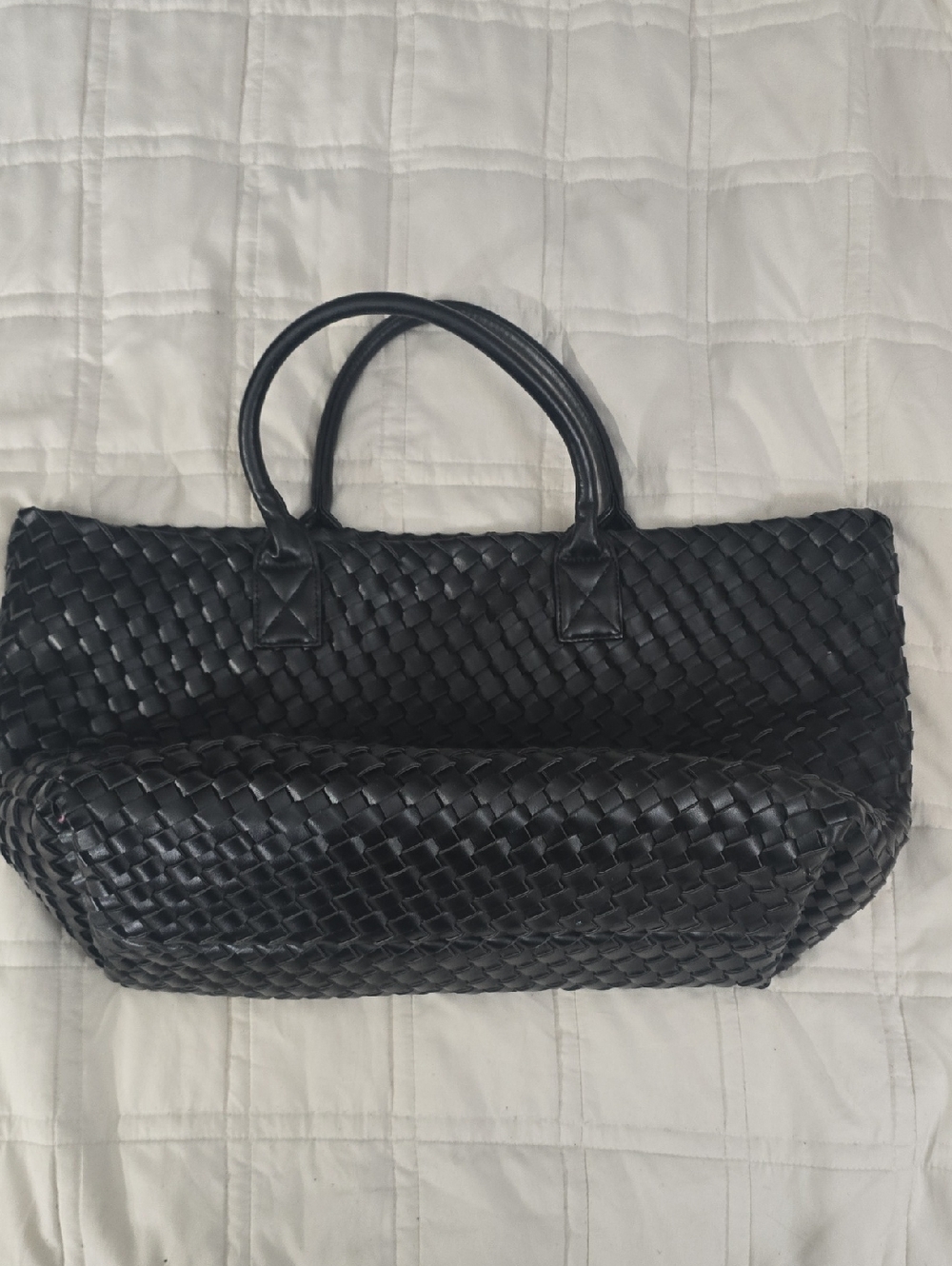Large Black Woven Tote Bag Faux Leather Oversized Purse